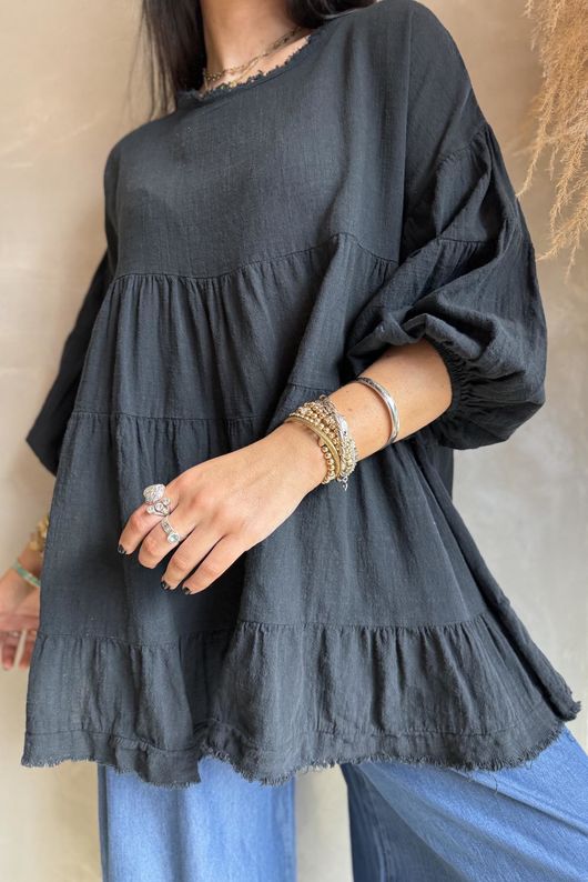 Driftwood Bell Sleeve Smock Top Black